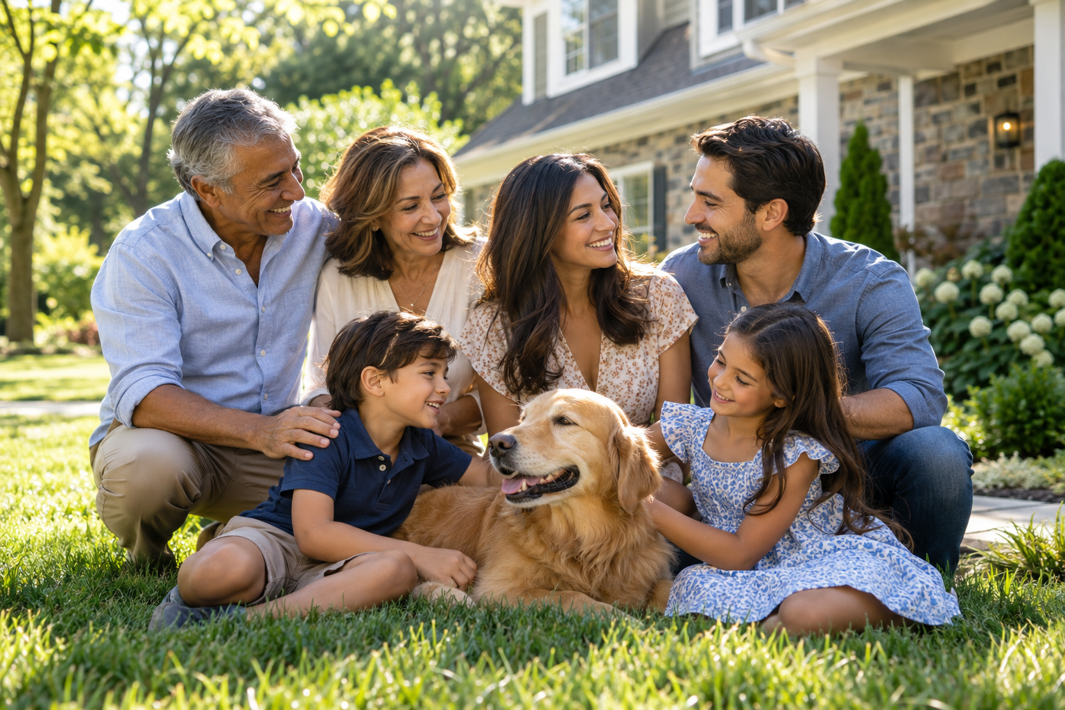 A multigenerational family spending time together outside a suburban home